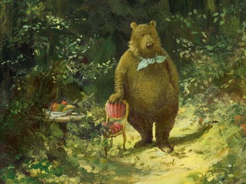 Gemälde eines Bären mit Halstuch, der aufrecht neben einem Stuhl auf einem Waldweg steht.
