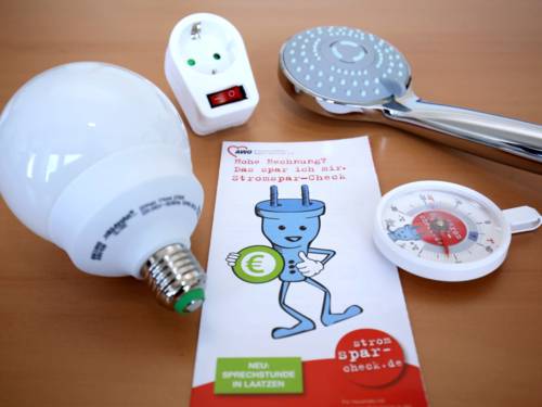 Verschiedene Energieverbraucher liegen symbolisch auf dem Tisch