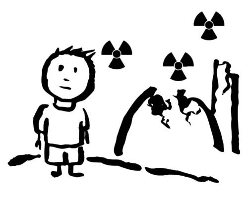 Logo mit einem Kind, einem beschädigten Reaktorgebäude und drei Symbolen für Radioaktivität