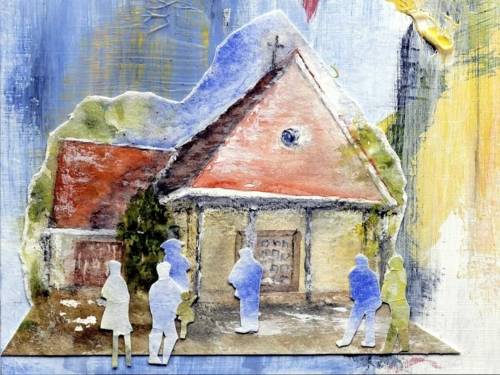 Aquarell eines Gebäudes mit fünf Menschen davor