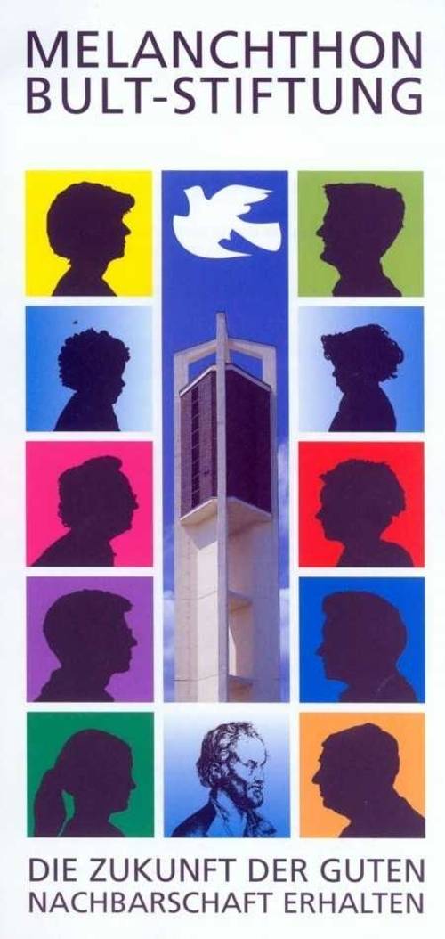 Logo mit einem Kirchturm, einer Taube, elf Kopfprofilen und der Schrift Melanchthon Bult Stiftung Die Zukunft der guten Nachbarschaft erhalten 