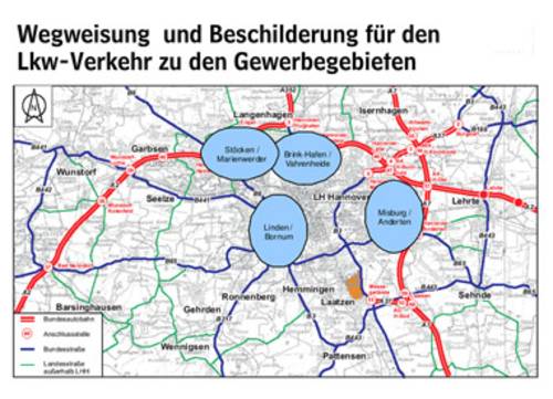 Übersichtsgrafik: Wegweisung und Beschilderung für den Lkw-Verkehr zu Gewerbegebieten