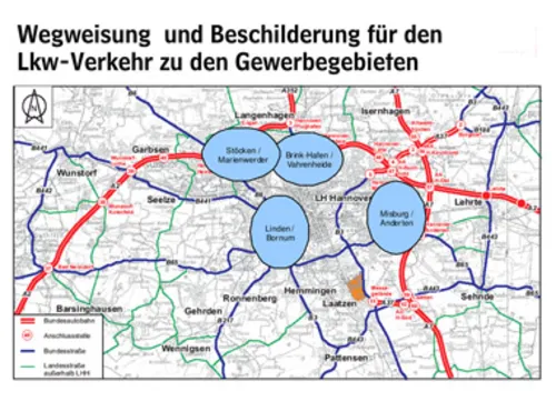 Übersichtsgrafik: Wegweisung und Beschilderung für den Lkw-Verkehr zu Gewerbegebieten