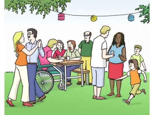 Menschen feiern in einem Garten.
