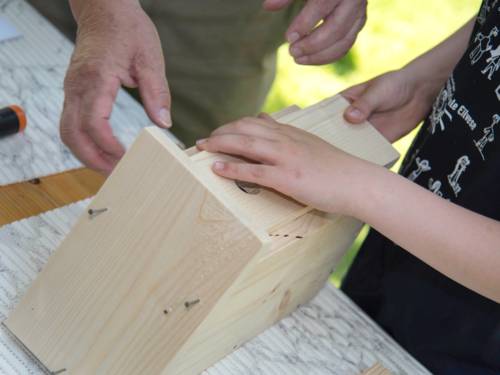Hände eines älteren und eines jüngeren Menschen bauen an einem Nistkasten aus Holz.