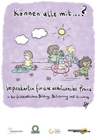 K&ouml;nnen alle mit... ? Impulskarten f&uuml;r eine armutssensible Praxis (Vorschau mit einer Grafik, die Kinder zeigt. Ein Kind sitzt einsam vor einer Pf&uuml;tze und starrt hinein, w&auml;hrend andere Kinder weglaufen und Gegenst&auml;nde oder Prospekte f&uuml;r Freizeitaktivit&auml;ten halten.