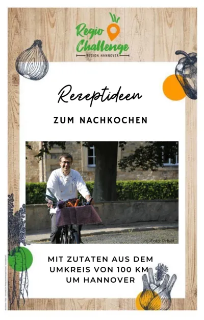 Buchtitel mit Radfahrer, einem Korb von Lebensmitteln und gezeichneten Lebensmitteln