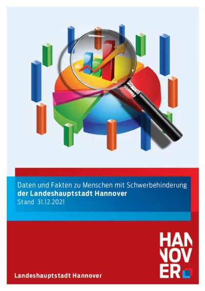 Eine Lupe liegt über einem bunten Tortendiagram und hebt nochmal drei bunte Balken mit steigener Tendenz hervor. Darunter steht der Text Daten und Fakten u Menschen mit Schwerbehinderung der Landeshauptstadt Hannover, Stand 31.12.2021