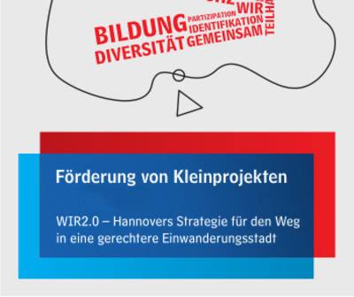 Blau-Rote Kartusche von Stadt und Region Hannover mit dem Text "F&ouml;rderung von Kleinprojekten bis 5.000 Euro"