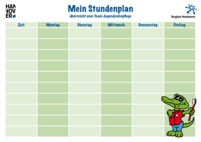 Stundenplan für die Tage von Montag bis Freitag, in der ersten Spalte können Zeiten eingetragen werden