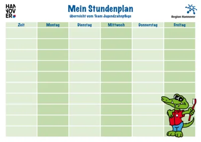 Stundenplan für die Tage von Montag bis Freitag, in der ersten Spalte können Zeiten eingetragen werden
