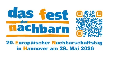 Blaue Schrift mit einzelnen orangen Buchstaben und einem QR-Code: das fest der nachbarn
20. Europäischer Nachbarschaftstag in Hannover am 29. Mai 2026
