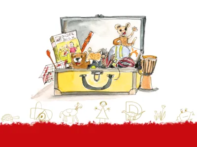 Ein Koffer gef&uuml;llt mit Teddy, Pinseln, Bilderbuch, Trommel, Wolle, Fl&ouml;te und vieles mehr.