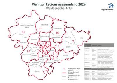 Stilisierte Karte der Region Hannover mit eingezeichneten Wahlbereichen für die Regionsversammlung 2026