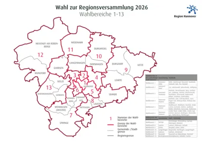 Stilisierte Karte der Region Hannover mit eingezeichneten Wahlbereichen für die Regionsversammlung 2026