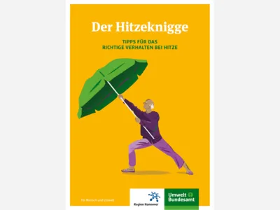 Das Titelbild der Brosch&uuml;re "Hitzeknigge" zeigt einen &auml;lteren Mann mit Halbglatze und Sonnenschirm