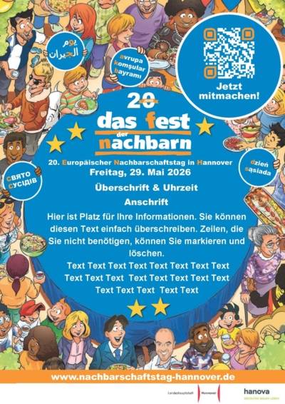 Gezeichnete Menschen feiern und umgeben einen blauen Kreis, auf dem steht "Das Fest der Nachbarn".