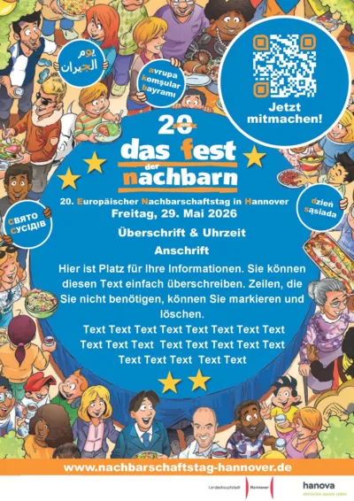 Gezeichnete Menschen feiern und umgeben einen blauen Kreis, auf dem steht "Das Fest der Nachbarn".