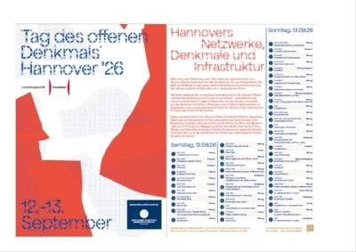 Rote grafische Formen auf der linken Hälfte mit dem Text Tag des offenen Denkmals '26 in Hannover, 12-13. September, rechts Text unter der Überschrift Hannovers Netzwerke, Denkmale und Infrastruktur, zudem Programmpunkte