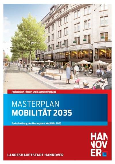 Cover einer Broschüre: Eine Visualisierung eines breiten Weges neben Häusern mit Menschen, darunter der Text: Masterplan Mobilität 2035.