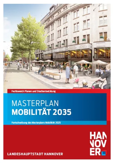 Cover einer Broschüre: Eine Visualisierung eines breiten Weges neben Häusern mit Menschen, darunter der Text: Masterplan Mobilität 2035.