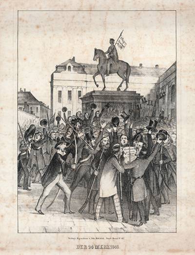 Politische Karikatur. Der 14. März 1848 "Aufhebung der Zensur", Proklamation zu Füßen eines Reiterstandbildes, Lithografie, 1848.