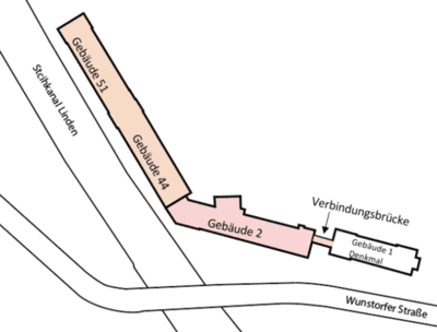 Ein Kartenausschnitt mit Stichkanal, Gebäude 51, 44 und 2, Verbindungsbrücke und Gebäude 1 Denkmal an der Wunstorfer Straße