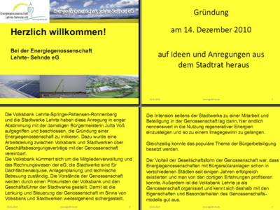 Vorschau auf die ersten vier Folien des Vortrags zur Energiegenossenschaft Lehrte-Sehnde eG