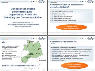 Vorschau auf die ersten vier Folien des Vortrags zur genossenschaftlichen Bürgerbeteiligung – Organisation, Praxis und Gründung von Genossenschaften.