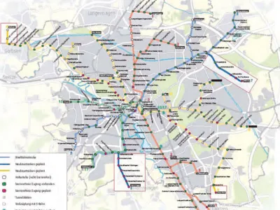 Stadtplan mit S-Bahn und Straßenbahn Linien.