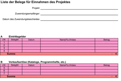 Auszug eines Dokumentes mit dem Titel "Liste der Belege f&uuml;r Einnahmen des Projektes" in der Kopfzeile. Darunter drei Felder sowie zwei Tabellen mit mehren Zellen zum Ausf&uuml;llen.