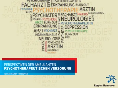 Eine Wolke aus Fachbegriffen und Schlagworten (Tag-Cloud), darunter ein blaues und rotes Rechteck mit dem Titel des Gesundheitsberichtes und das Punktelogo der Region Hannover.