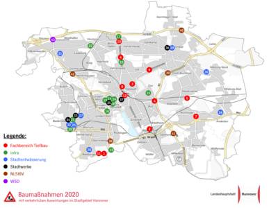 Eine Karte des hannoverschen Stadtgebietes, in der verschiedene Baumaßnahmen eingezeichnet sind. 