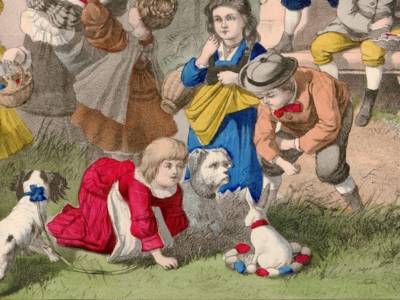 Ostereier sammelnde Kinder mit Osternest und Osterhasen, Ausschnitt aus dem Bilderbogen "April"