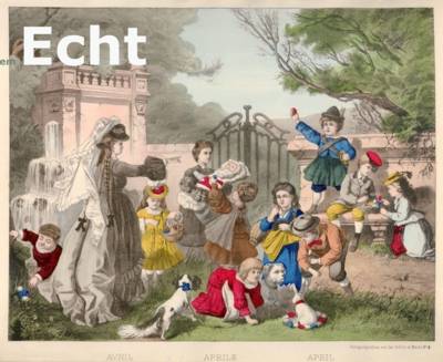 Spielende Kinder die Ostereier sammeln, Ausschnitt aus dem Bilderbogen: „April “, Kolorierte Lithografie, Mainz, um 1870, Hersteller: Jos. Scholz aus Mainz

