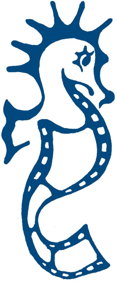 Ein blaues Sehpferdchen als Logo 