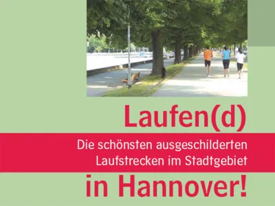 Ausschnitt aus der Titelseite der Brosch&uuml;re "Laufend in Hannover", auf der Menschen in Sportkleidung unter B&auml;umen joggen.