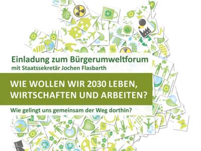 Deckblatt des Flyers: Bürgerumweltforum "Wie wollen wir 2030 leben, wirtschaften und arbeiten?"