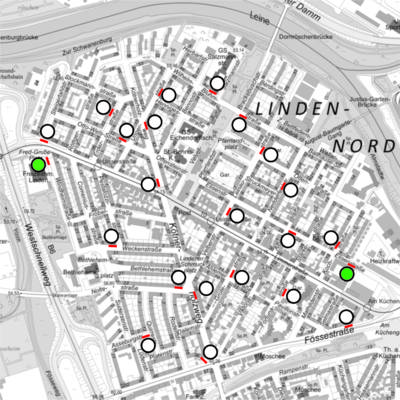 Übersicht der Auswahl der Logistikpunkte und Umschlagsflächen im Stadtteil Linden-Nord.
