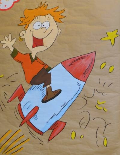 Zeichnung eines Mädchens auf einer Rakete. 