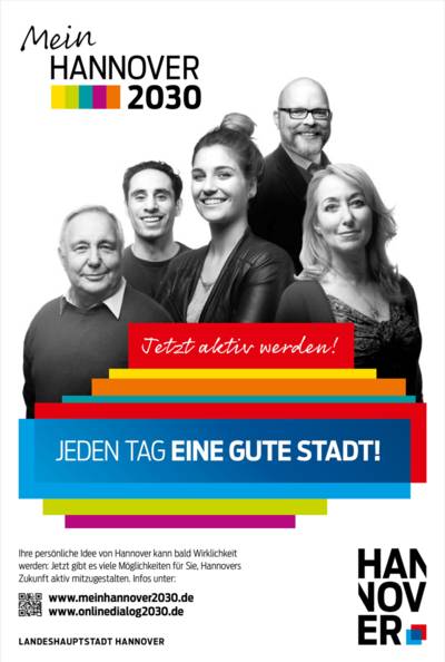Plakat mit "Mein Hannover 2030"-Logo und einer Collage aus fünf Porträt-Fotos