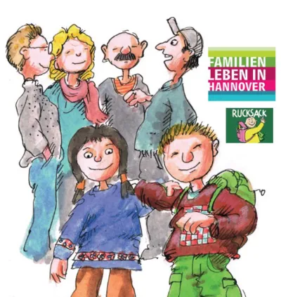 Zeichnung von vier Erwachsenen im Gespr&auml;ch, davor zwei Schulkinder, eines davon tr&auml;gt einen Rucksack.f