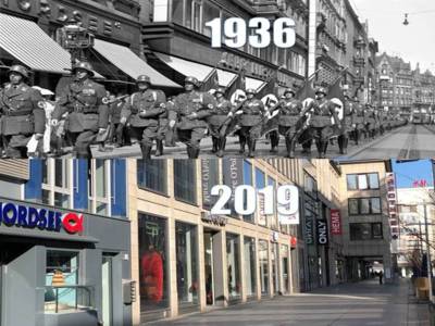 Montage aus zwei Bildern des selben Ortes: In der oberen Hälfte ist ein Schwarz-Weiß-Bild von einem Zug Soldaten, die mit Hakenkreuz-Fahnen und -Armbinden durch die Karmaschstraße in Hannover marschieren.