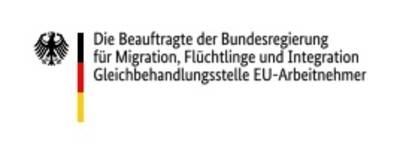 Das Logo zeigt links den Bundesadler, daneben die Farben Deutschlands (schwarz, rot, gold) und dann die Worte "Die Beauftragte der Bundesregierung für Migration, Flüchtlinge und Integration Gleichbehandlungsstelle EU-Arbeitnehmer".
