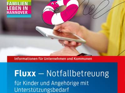 Das Titelbild der Broschüre "Fluxx-Notfallbetreuung für Kinder und Angehörige mit Unterstützungsbedarf" zeigt eine Person, die auf die Uhr schaut und gleichzeitig das Handy bedient. Darüber die Zeichnung eines Rettungsrings mit der Aufschrift "Fluxx".