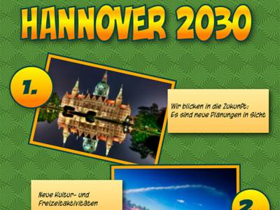 Der Schriftzug "Hannover 2030" mit Foto des Rathauses