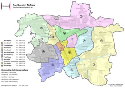 Stadtkarte Hannovers, auf der Bezirke in unterschiedlichen Farben dargestellt sind, um die verschiedenen Zuständigkeiten innerhalb der Straßenverkehrsbehörde zu symbolisieren.