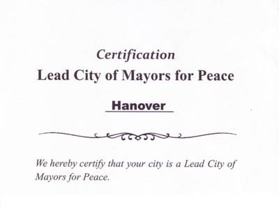 Ausschnitt aus der Urkunde "Lead City of Mayors for Peace"