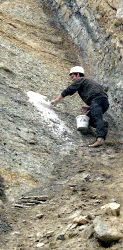 Mann mit Helm füllt einen Abdruck im Gestein mit einer Gipsmasse.