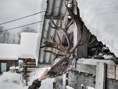 An einer verschneiten Hütte hängt ein Hirschkopf, eine ausgestreckte Hand berührt ihn fast.
